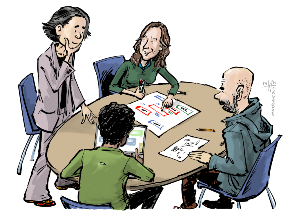 Een ronde tafel met vier mensen, waarvan een staand. Op tafel liggen verschillende documenten.